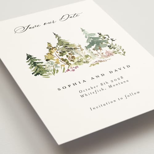 This is a forest save the date with standard by Petra Kern called great outdoors printing on signature in standard