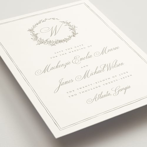 This is a chantilly save the date with standard by Wildfield Paper Co called romantic wreath printing on signature in standard