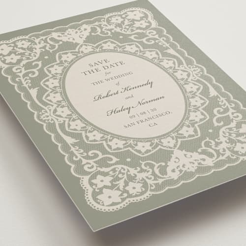 This is a sage save the date with standard by Zove Ahhh called written in romance printing on signature in standard