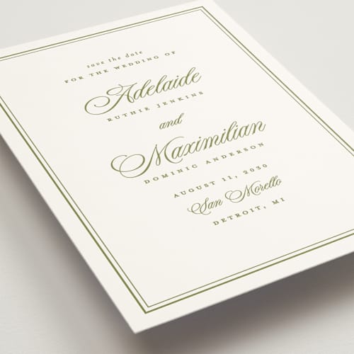 This is a olive save the date with standard by Ellen Schlegelmilch called museo printing on signature in standard