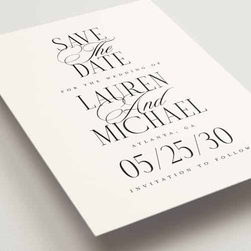 This is a obsidian save the date with standard by Jennifer Postorino called stacked type printing on signature in standard