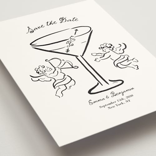 This is a leather save the date with standard by Helena Vitto called happiest hour printing on signature in standard