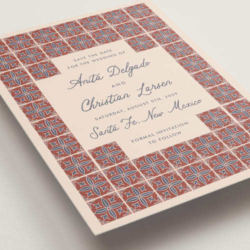 This is a terracotta save the date with standard by Katharine Watson called block print tile printing on signature in standard