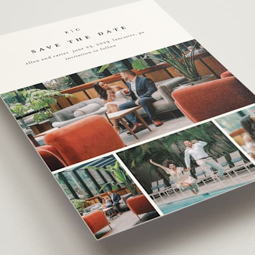 This is a cotton save the date with standard by Stacey Meacham called minimal grid printing on signature in standard