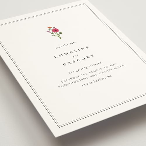 This is a classic save the date with standard by Bramble Studio called formal florals printing on signature in standard