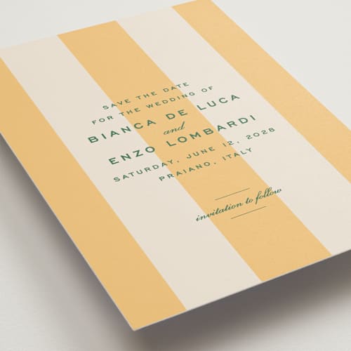 This is a sorbetto save the date with standard by Megan Davis called campania printing on signature in 5x7