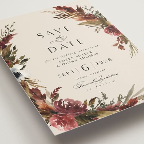This is a autumn save the date with standard by Kate Ahn called poetique printing on signature in standard
