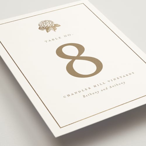 This is a cotton table numbers with foil pressed by Stacey Meacham called hydrangea bloom printing on doublethick in standard