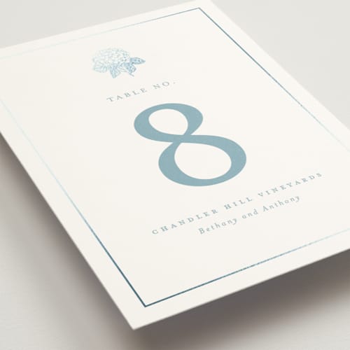 This is a seaside table numbers with foil pressed by Stacey Meacham called hydrangea bloom printing on doublethick in standard