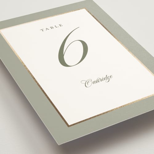 This is a sage table numbers with foil pressed by Lucrecia Caporale called country elegance printing on doublethick in standard