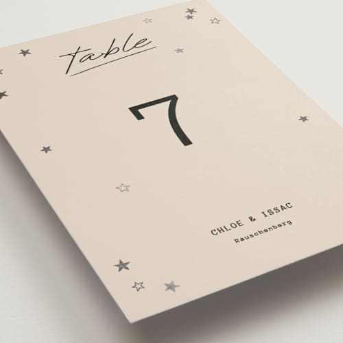 This is a ecru table numbers with foil pressed by Jennifer Lew called supernova printing on doublethick in standard