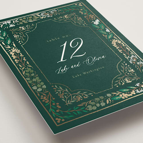This is a evergreen table numbers with foil pressed by Alethea and Ruth called illuminated storybook printing on doublethick in standard