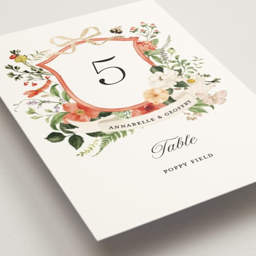 This is a verona sunset table numbers with foil pressed by Sarah Knight called fleur printing on doublethick in standard