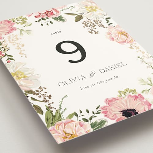 This is a peony table numbers with foil pressed by Susan Moyal called timeless blooms printing on doublethick in standard