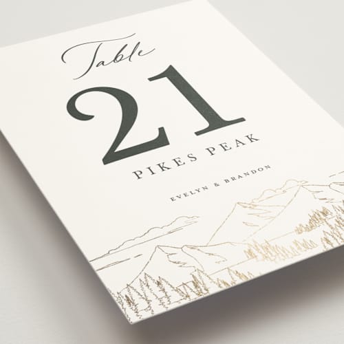 This is a hunter table numbers with foil pressed by Sarah Brown called peaks printing on doublethick in standard