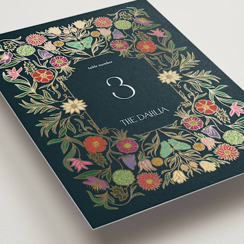 This is a midnight garden table numbers with foil pressed by Simona Camp called gilded tapestry printing on doublethick in standard