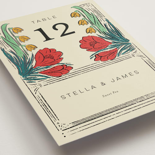 This is a birch table numbers with foil pressed by Shiny Penny Studio called deco spring florals printing on doublethick in standard