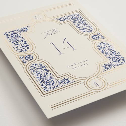 This is a dynasty blue table numbers with foil pressed by Ana de Sousa called tiled romance printing on doublethick in standard