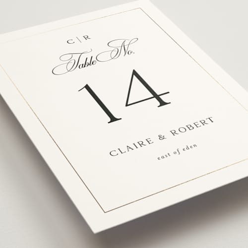 This is a silk table numbers with foil pressed by Kelly Schmidt called monogram script printing on doublethick in standard