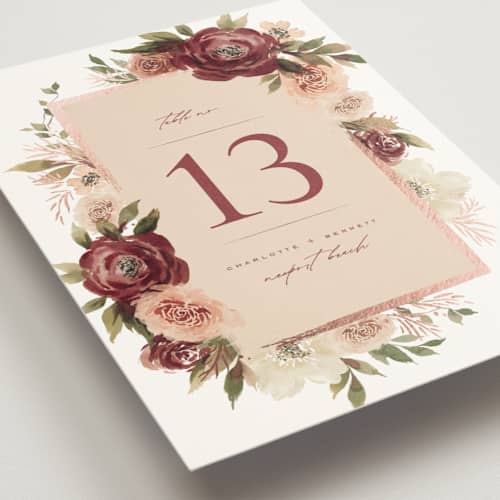 This is a peony table numbers with foil pressed by Wildfield Paper Co called romantic frame printing on doublethick in standard