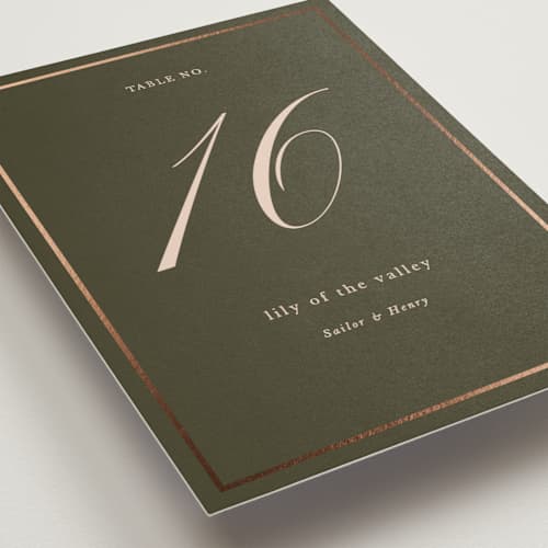 This is a midnight forest table numbers with foil pressed by Morgan Kendall called playbill printing on doublethick in standard