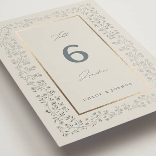 This is a something blue table numbers with foil pressed by Gwen Bedat called floral romance printing on doublethick in standard