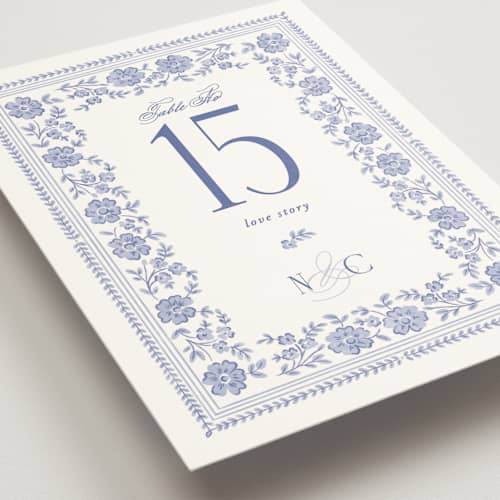 This is a cerulean table numbers with standard by Jenna Holcomb called embroidered printing on doublethick in standard