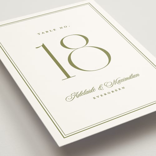 This is a olive table numbers with standard by Ellen Schlegelmilch called museo printing on doublethick in standard