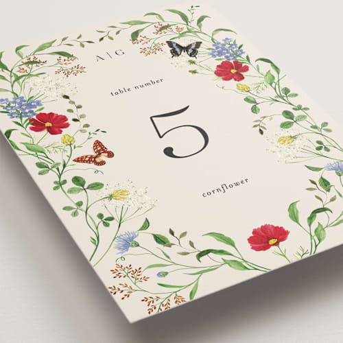 This is a elder flower table numbers with standard by Sarah Knight called wild meadow printing on doublethick in standard