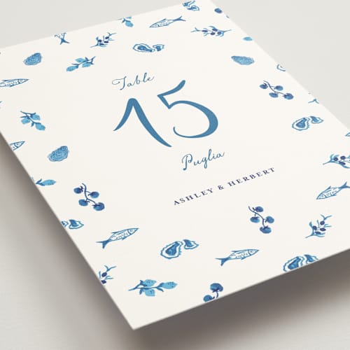 This is a cerulean table numbers with standard by Tamara Hilje called positano printing on doublethick in standard
