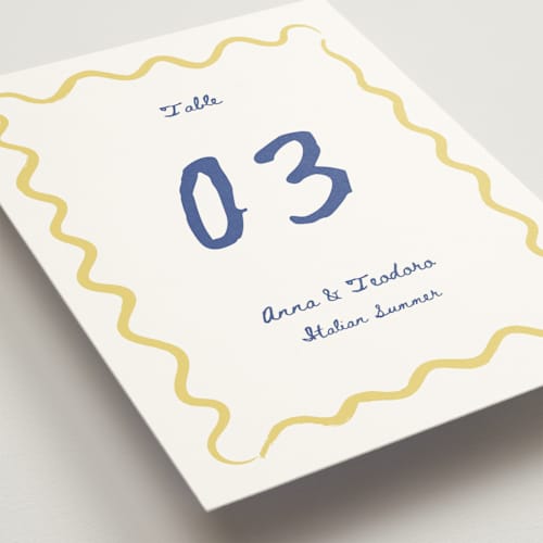 This is a cobalt table numbers with standard by Helena Vitto called amore mio printing on doublethick in standard