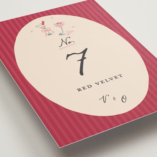 This is a cherry table numbers with standard by Sarah Rosenthal called velvet cherry printing on doublethick in standard