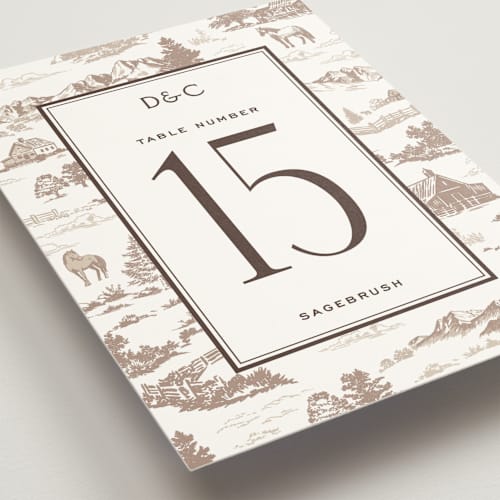 This is a leather table numbers with standard by Jenna Holcomb called mountain ranch toile printing on doublethick in standard