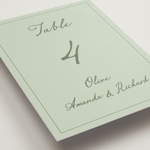 This is a mint table numbers with standard by Sherley Ferreira called olive printing on doublethick in standard