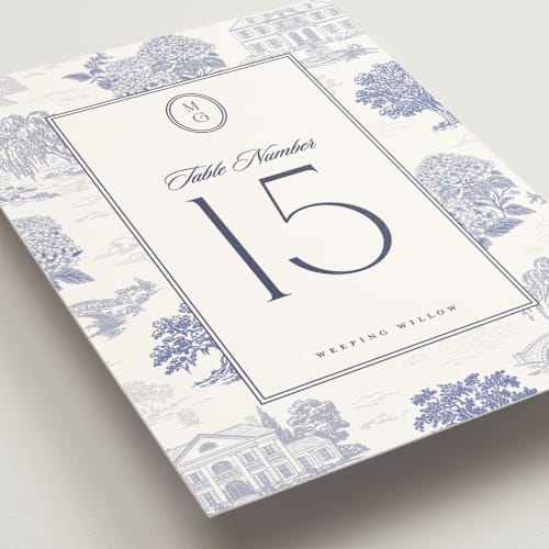 This is a periwinkle table numbers with standard by Jenna Holcomb called southern charm toile printing on doublethick in standard