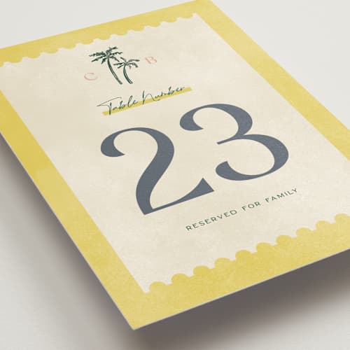 This is a island citrus table numbers with standard by Pixel and Hank called coastal drift printing on doublethick in standard