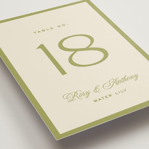 This is a olive table numbers with standard by Ellen Schlegelmilch called rory printing on doublethick in standard