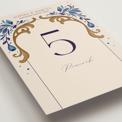 This is a cerulean table numbers with standard by GeekInk Design called gilded printing on doublethick in standard