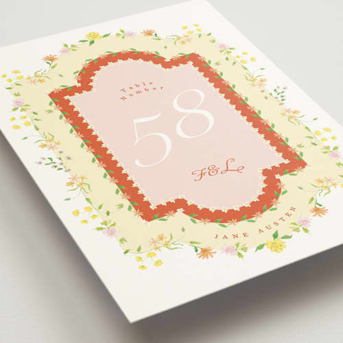 This is a sunset table numbers with standard by Phrosné Barwood called verona sunrise pergula printing on doublethick in standard