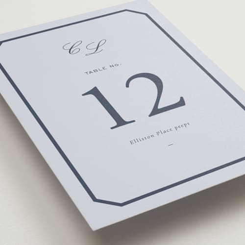 This is a cerulean table numbers with standard by Sara Hicks Malone called montgomery printing on doublethick in standard