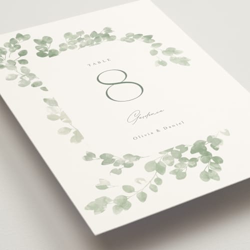 This is a eucalyptus table numbers with standard by Kristie Kern called vining printing on signature in standard