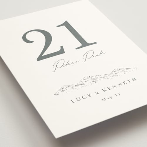 This is a pewter table numbers with standard by Sarah Brown called mountainview printing on doublethick in standard