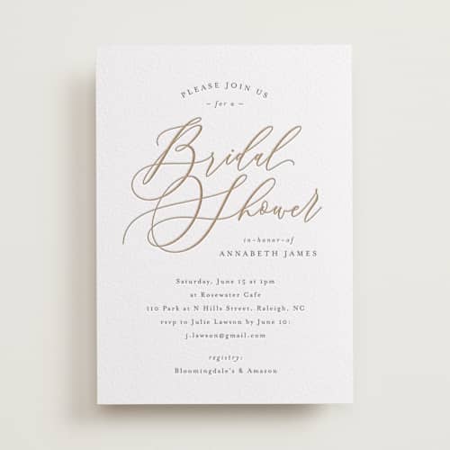 This is a cinnamon bridal shower invitations with letterpress by Melanie Kosuge called posh printing on white cotton in standard