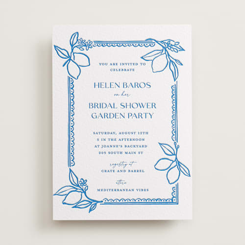 This is a marine blue bridal shower invitations with letterpress by Pati Cascino called mediterraneo printing on white cotton in standard