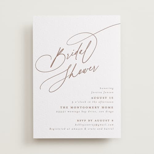 This is a cinnamon bridal shower invitations with letterpress by Joanna Griffin called minimal printing on white cotton in standard