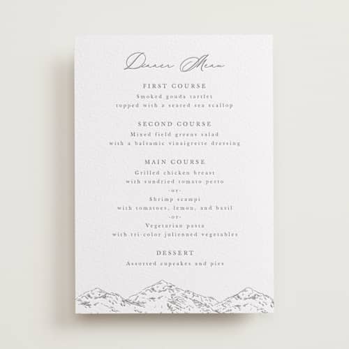 This is a graphite menu cards with letterpress by Sarah Brown called mountainview printing on white cotton in standard