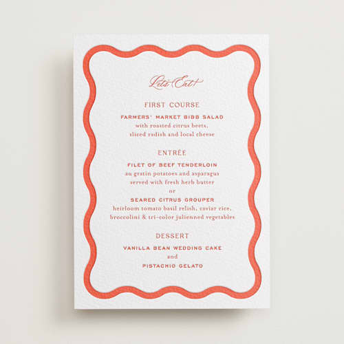 This is a verona sunset menu cards with letterpress by Megan Davis called racquet printing on white cotton in standard