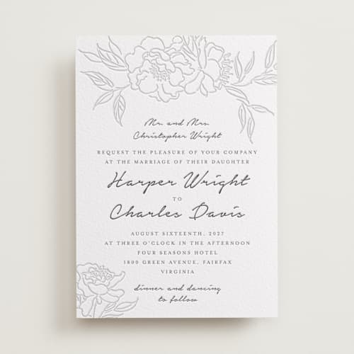 This is a soft black | blind deboss letterpress wedding invitations with letterpress by Qing Ji called my dearest printing on white cotton in standard