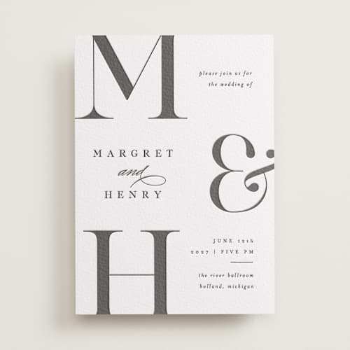 This is a soft black letterpress wedding invitations with letterpress by Pixel and Hank called trio printing on white cotton in standard