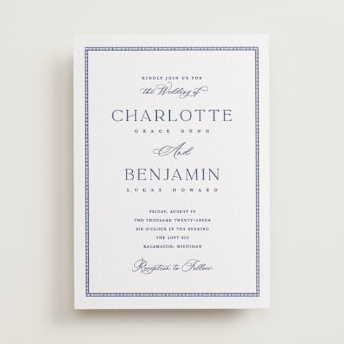 This is a lapis letterpress wedding invitations with letterpress by Pixel and Hank called starboard printing on white cotton in standard